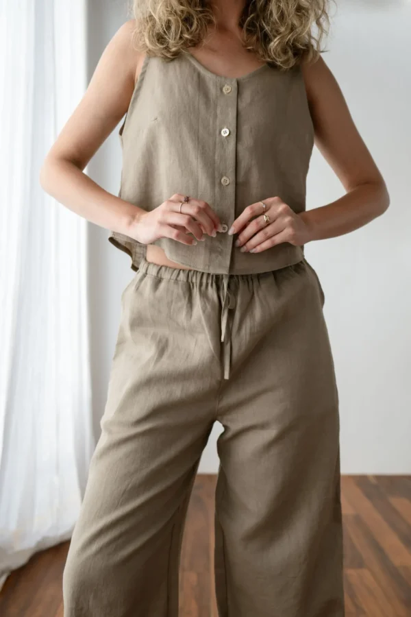 Ľanové tielko na zapínanie-béžovo-hnedá