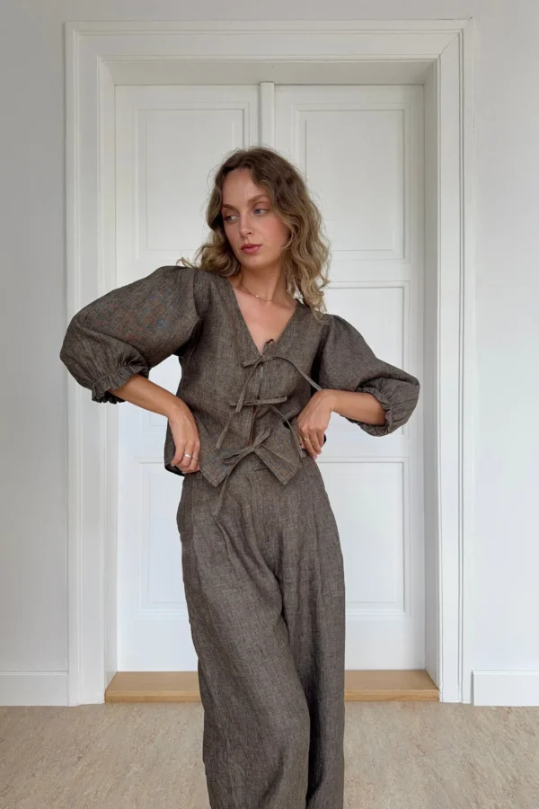 Ľanová blúzka na mašle espresso