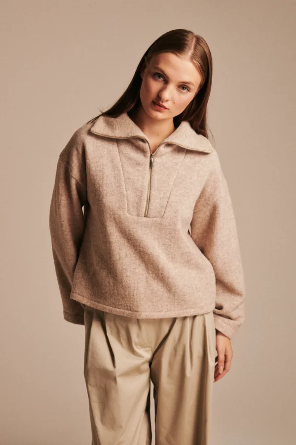 MERINO MIKINA S VYSOKÝM GOLIEROM ovsená